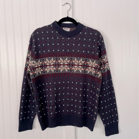 Vintage Mens Crewneck Sweater Snowflake Pattern Ski Knit Navy Blue Maroon Large - Picture 2 of 11